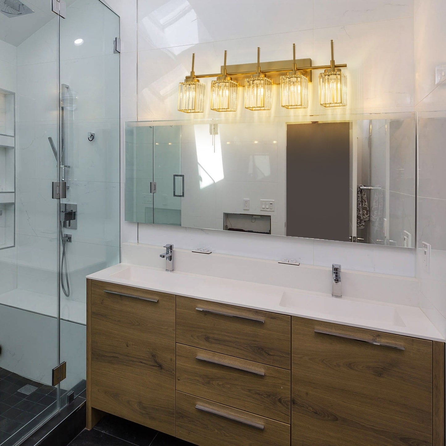 Applique da parete moderna dimmerabile in oro Glam Cylinder, lampada da toeletta in cristallo per bagno