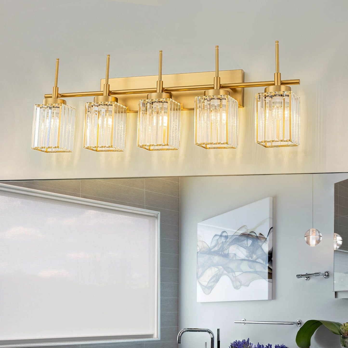 Applique da parete moderna dimmerabile in oro Glam Cylinder, lampada da toeletta in cristallo per bagno