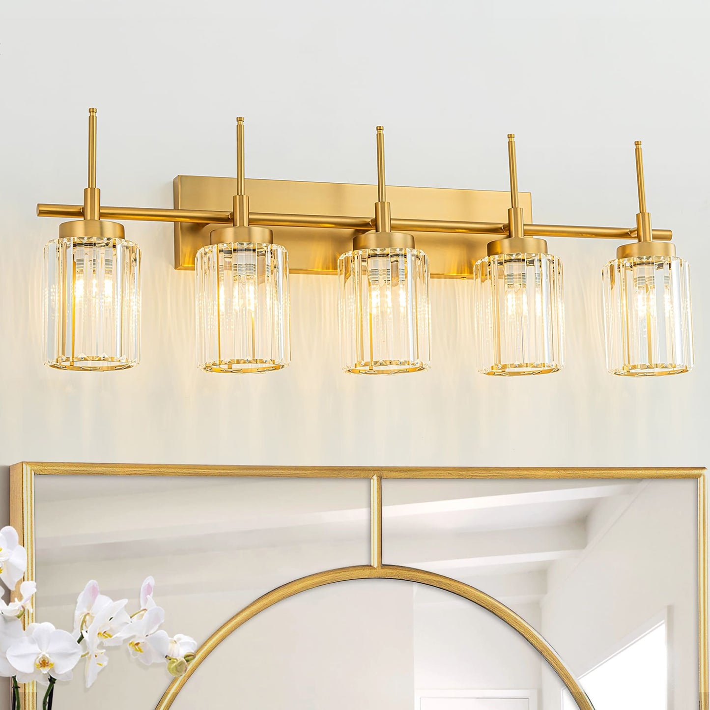 Applique da parete moderna dimmerabile in oro Glam Cylinder, lampada da toeletta in cristallo per bagno