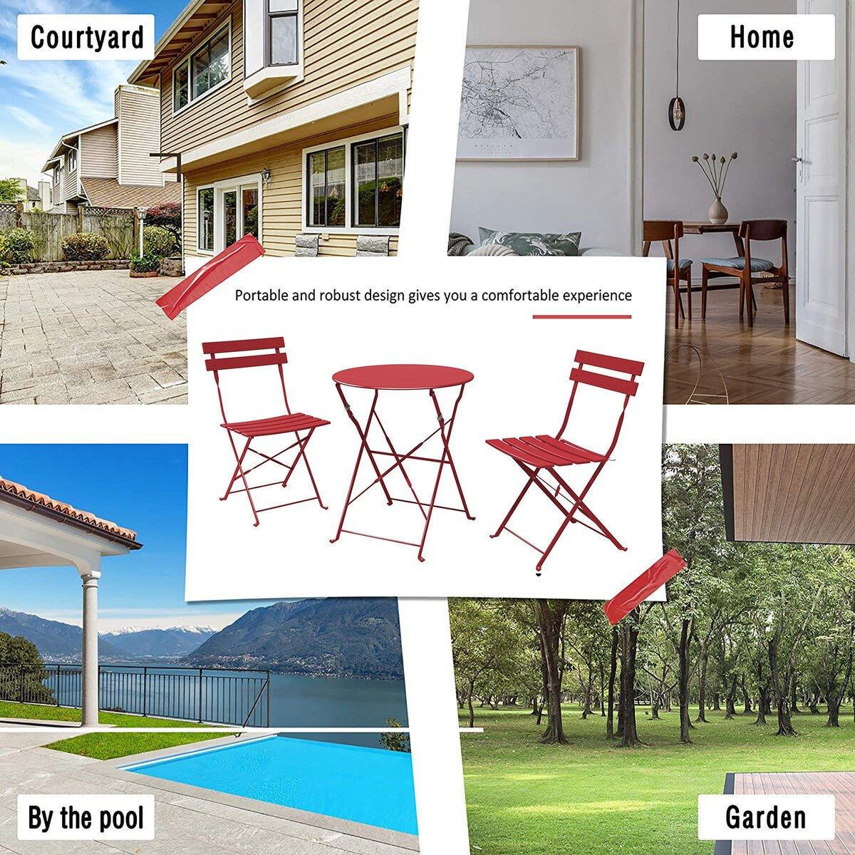 Set da bistrot pieghevole in metallo da 3 pezzi, set da conversazione per esterni/interni resistente alle intemperie per patio, cortile, giardino