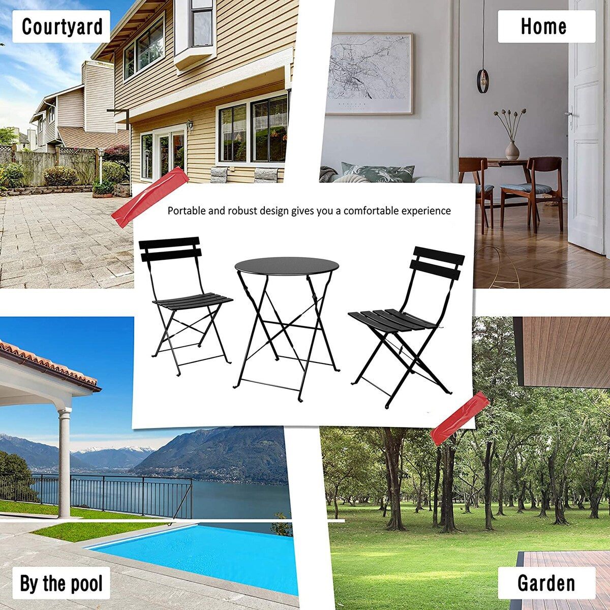 Set da bistrot pieghevole in metallo da 3 pezzi, set da conversazione per esterni/interni resistente alle intemperie per patio, cortile, giardino