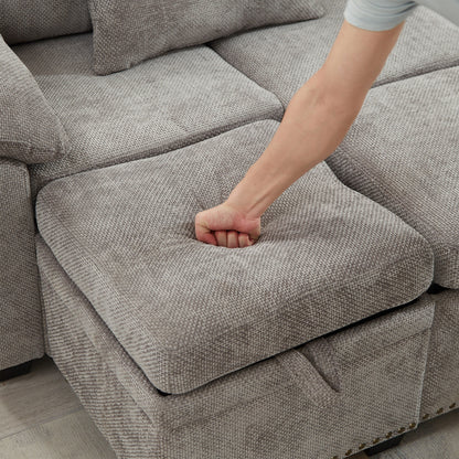 Divano componibile moderno a L in ciniglia con divano letto estraibile, sedute contenitore, pouf e 2 cuscini per soggiorno