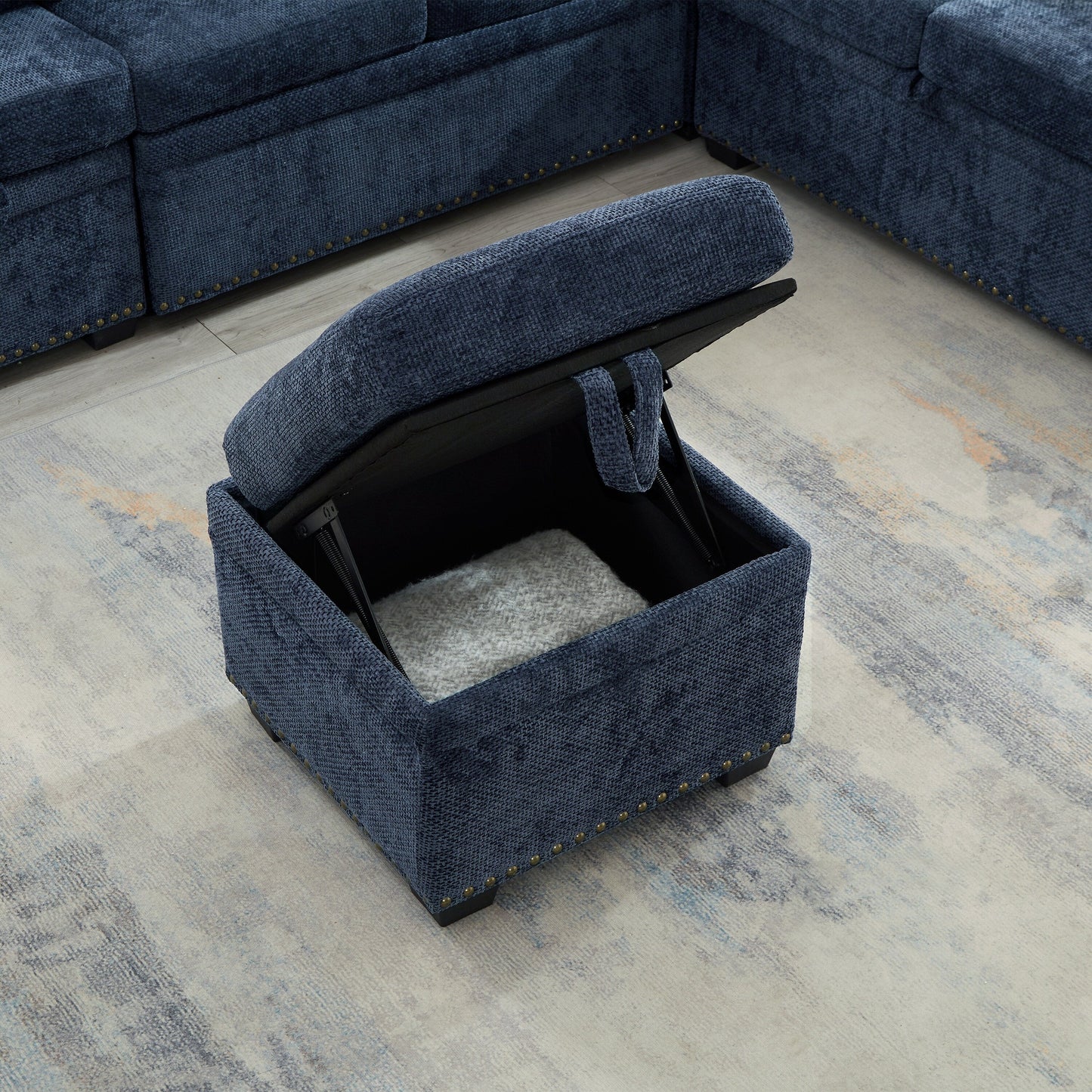 Divano componibile moderno a L in ciniglia con divano letto estraibile, sedute contenitore, pouf e 2 cuscini per soggiorno