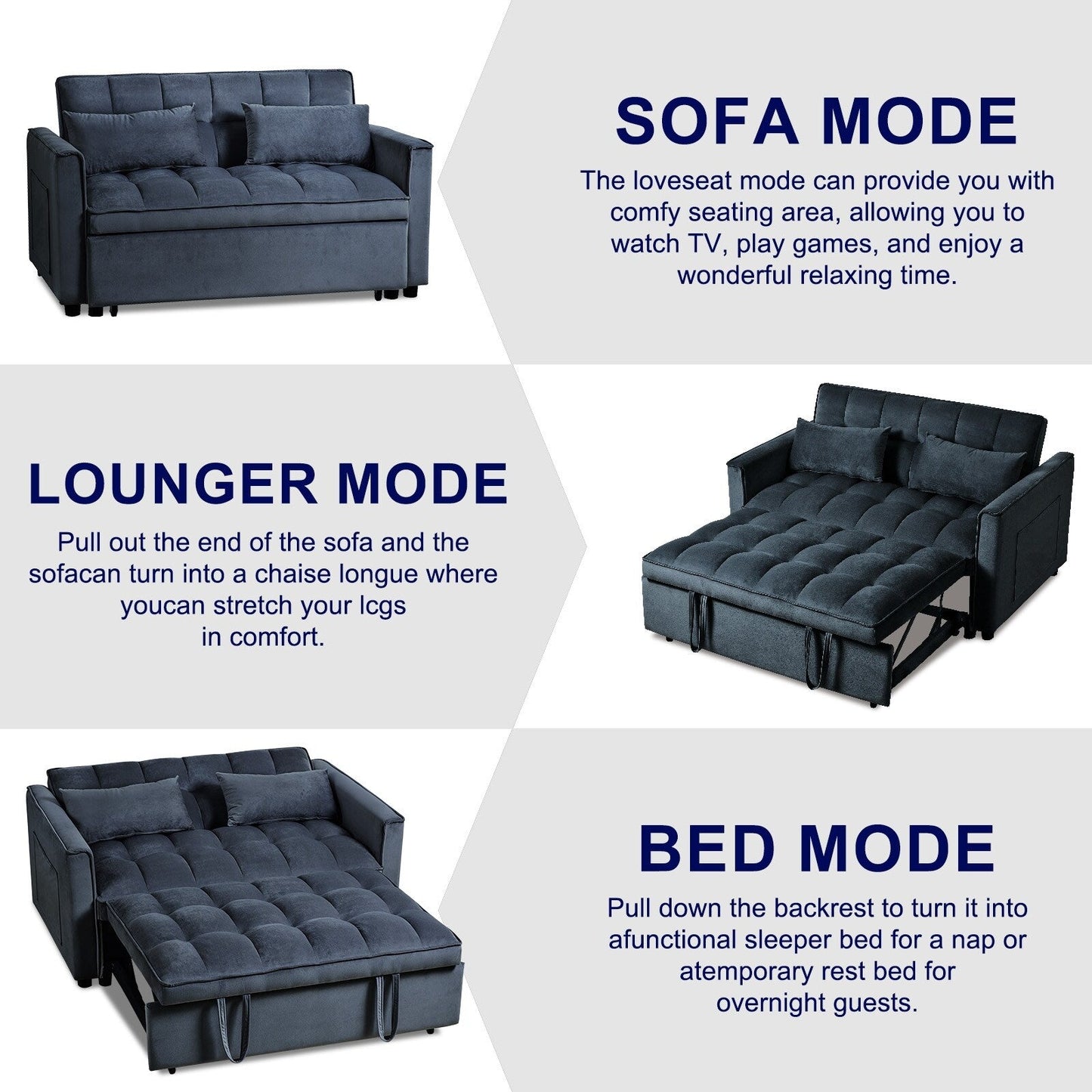 Divano letto moderno estraibile, divano letto 3 in 1 con schienale regolabile, divanetto in velluto, cuscini e tasche laterali