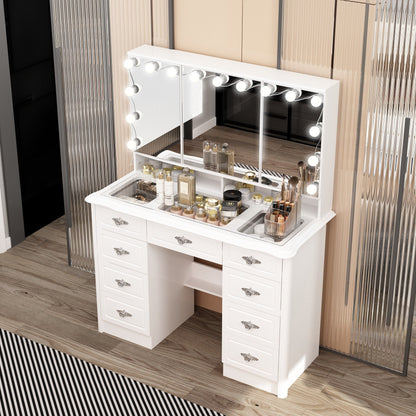 Specchio da trucco pieghevole moderno bianco con illuminazione regolabile - 40,2x54,1