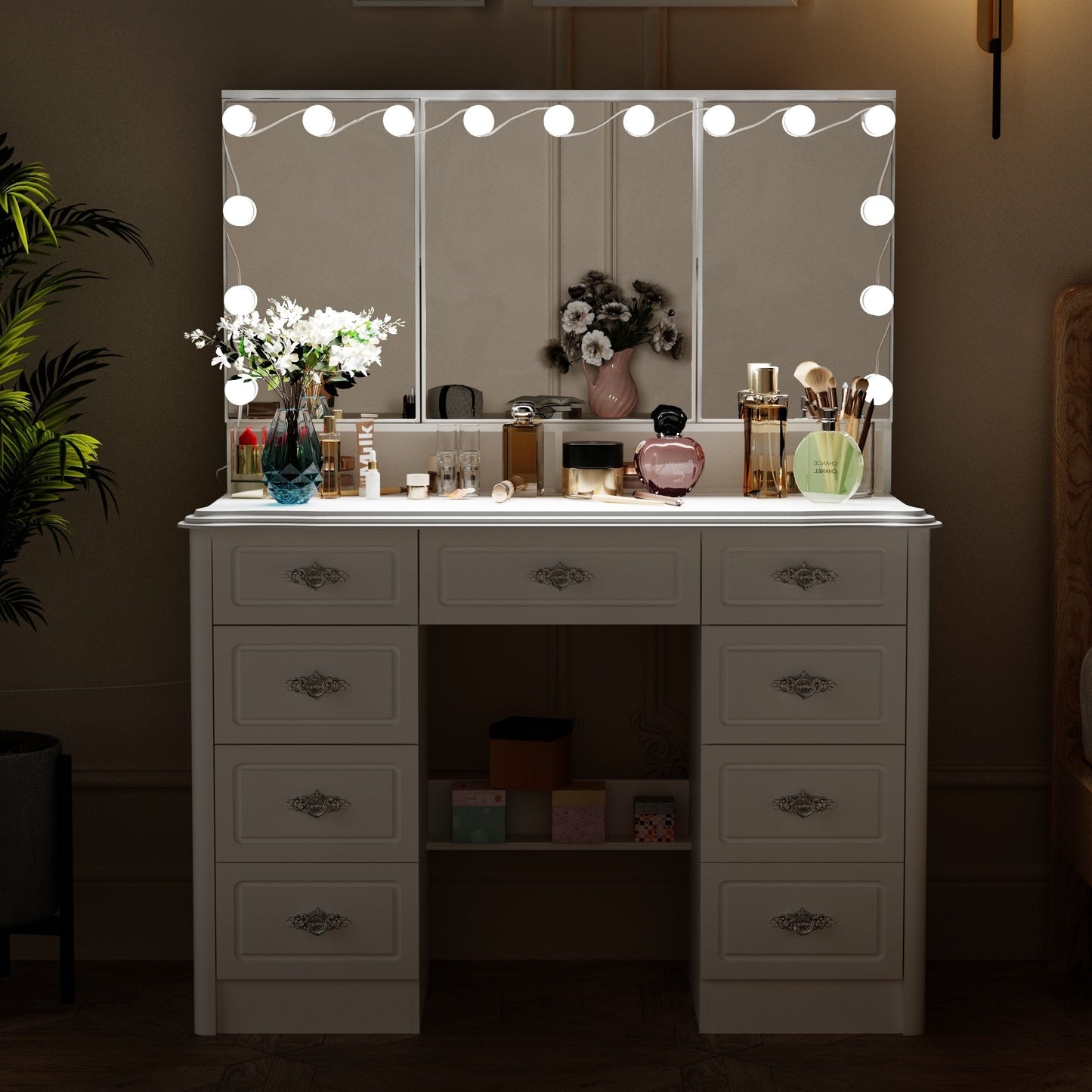 Specchio da trucco pieghevole moderno bianco con illuminazione regolabile - 40,2x54,1