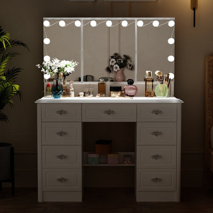 Specchio da trucco pieghevole moderno bianco con illuminazione regolabile - 40,2x54,1