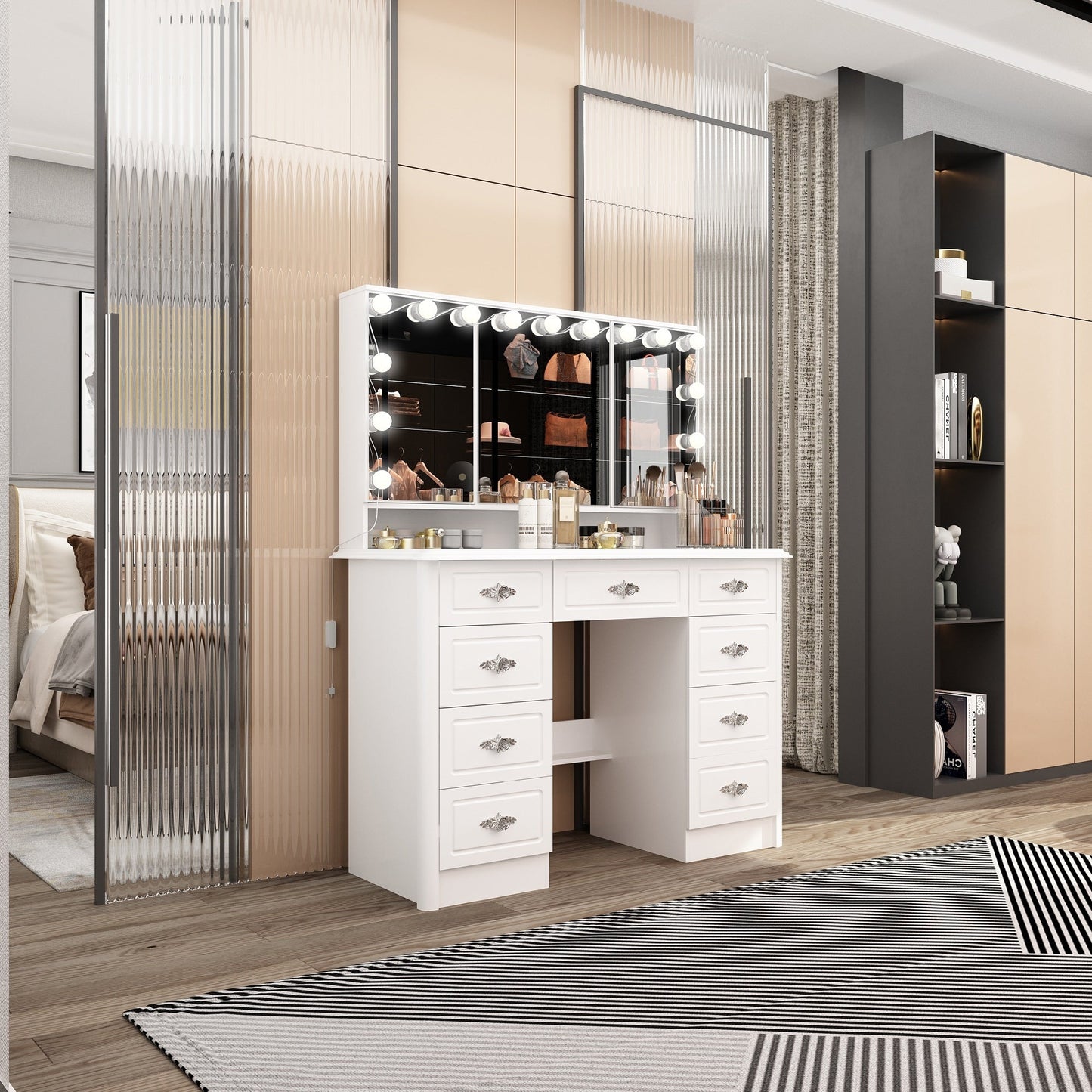 Specchio da trucco pieghevole moderno bianco con illuminazione regolabile - 40,2x54,1