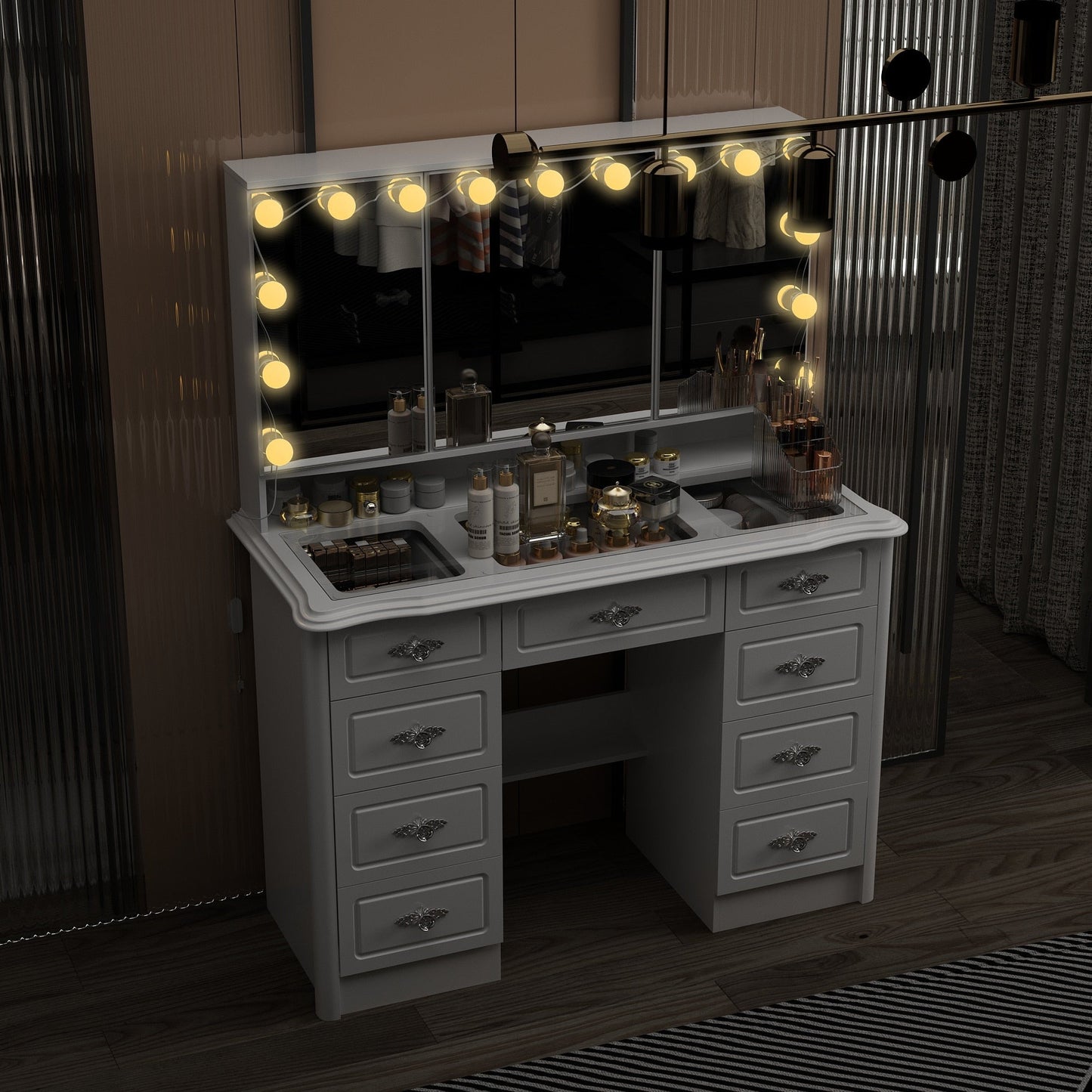 Specchio da trucco pieghevole moderno bianco con illuminazione regolabile - 40,2x54,1