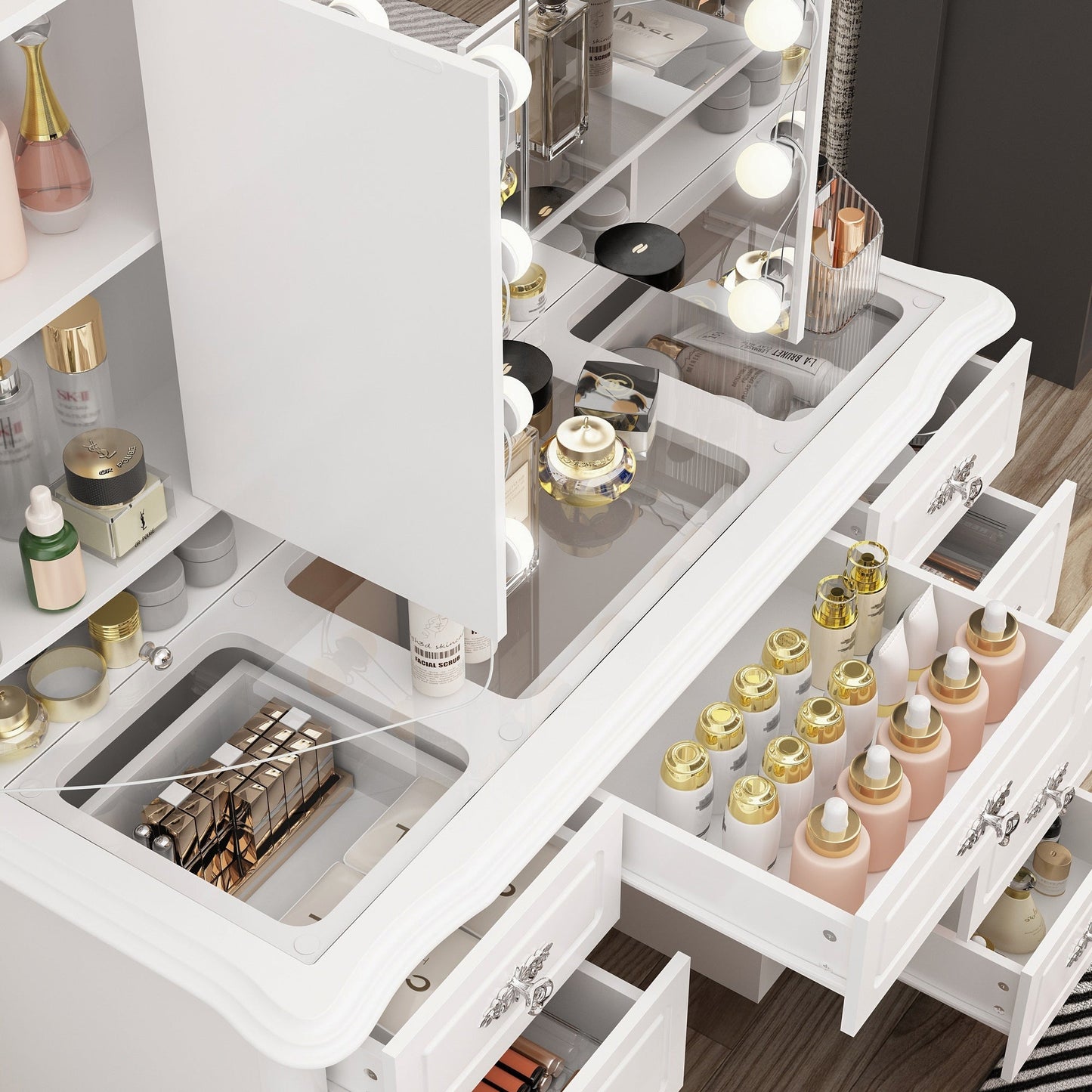 Specchio da trucco pieghevole moderno bianco con illuminazione regolabile - 40,2x54,1