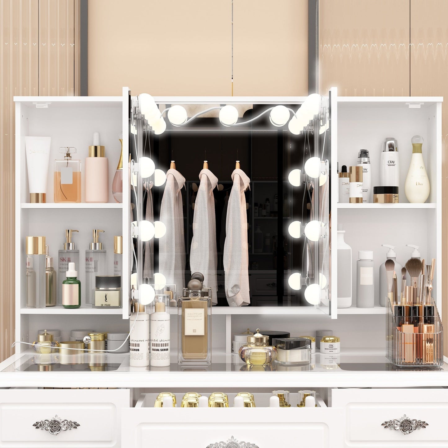 Specchio da trucco pieghevole moderno bianco con illuminazione regolabile - 40,2x54,1