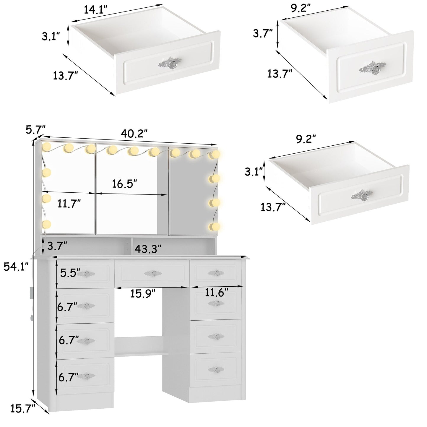 Specchio da trucco pieghevole moderno bianco con illuminazione regolabile - 40,2x54,1