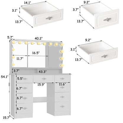 Specchio da trucco pieghevole moderno bianco con illuminazione regolabile - 40,2x54,1