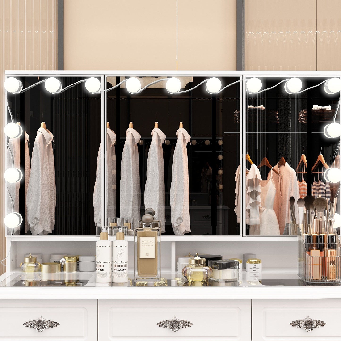 Specchio da trucco pieghevole moderno bianco con illuminazione regolabile - 40,2x54,1