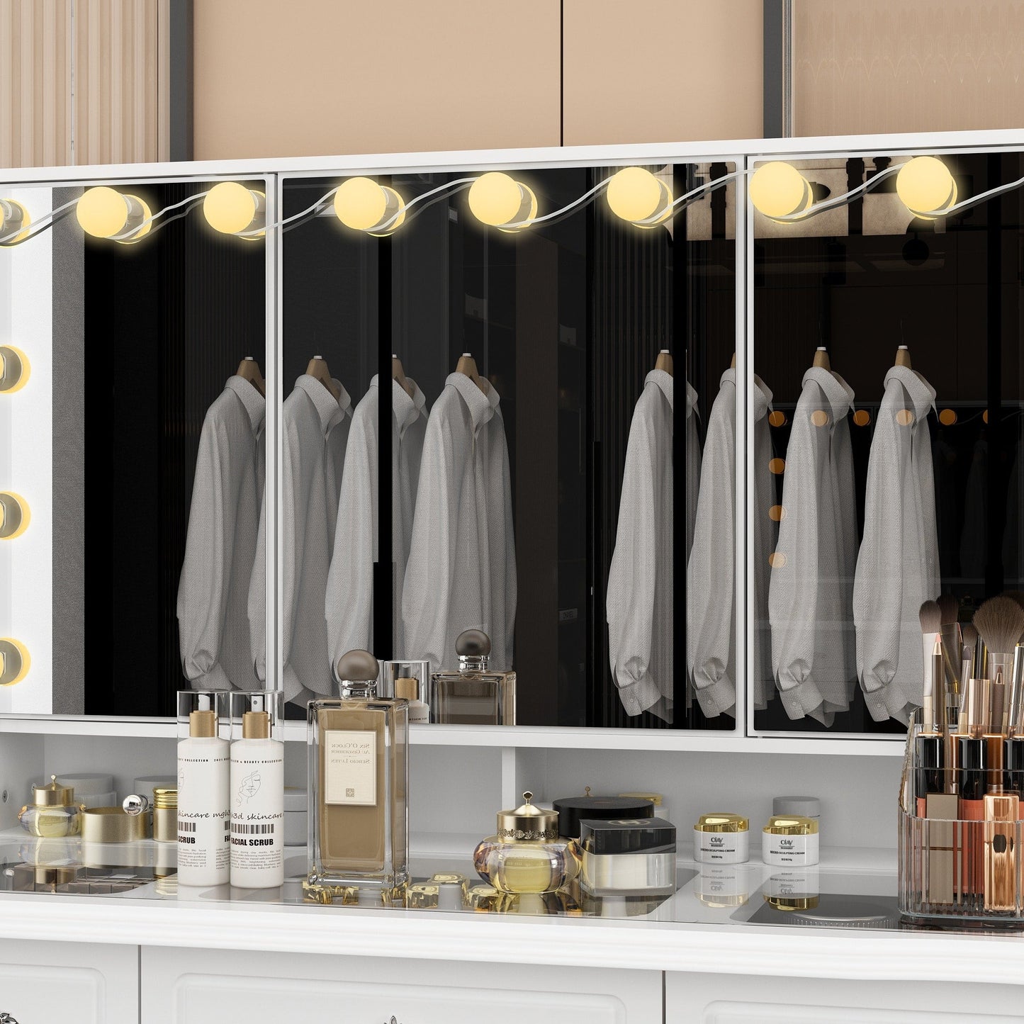 Specchio da trucco pieghevole moderno bianco con illuminazione regolabile - 40,2x54,1