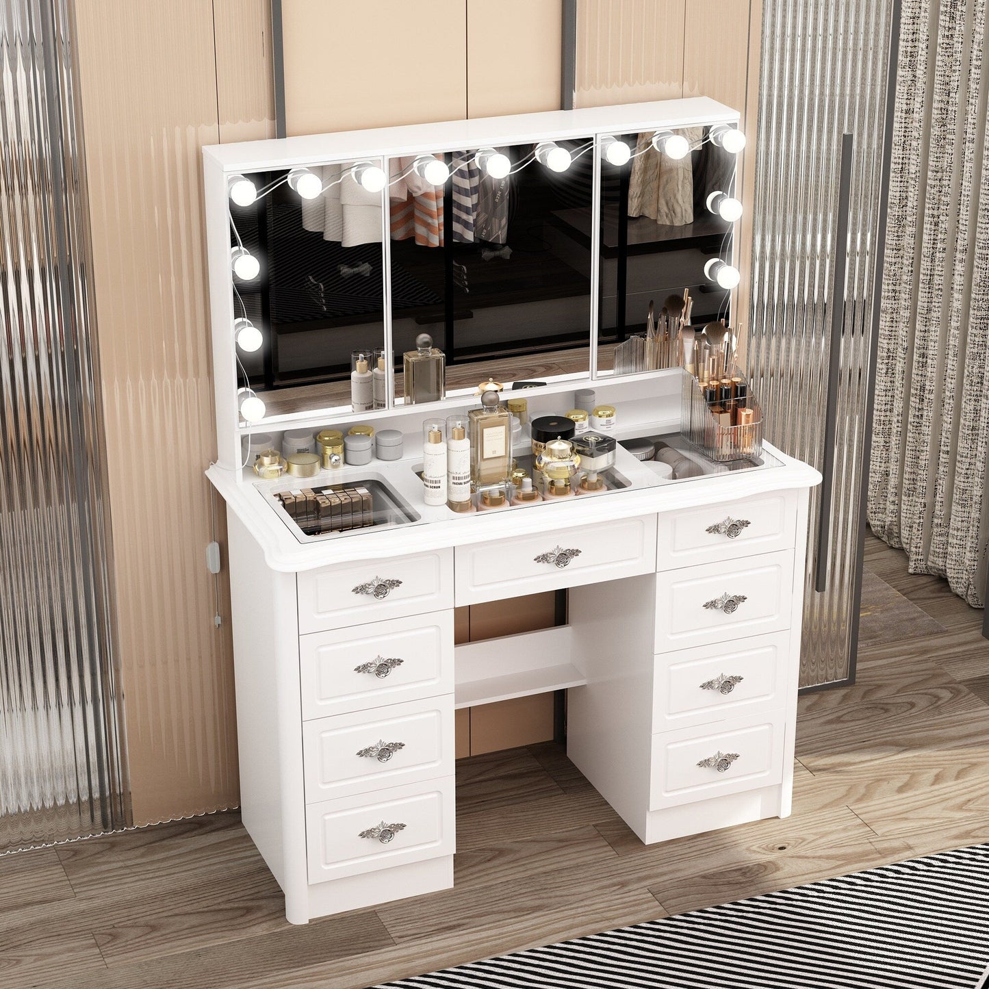 Specchio da trucco pieghevole moderno bianco con illuminazione regolabile - 40,2x54,1