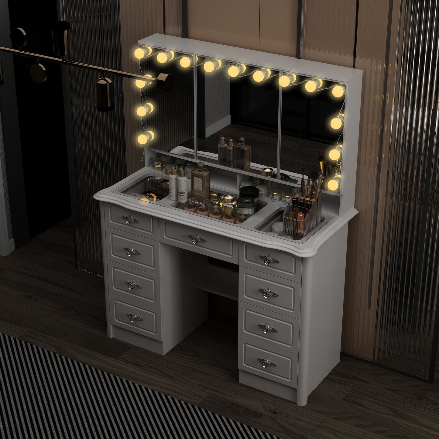 Specchio da trucco pieghevole moderno bianco con illuminazione regolabile - 40,2x54,1