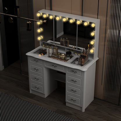 Specchio da trucco pieghevole moderno bianco con illuminazione regolabile - 40,2x54,1