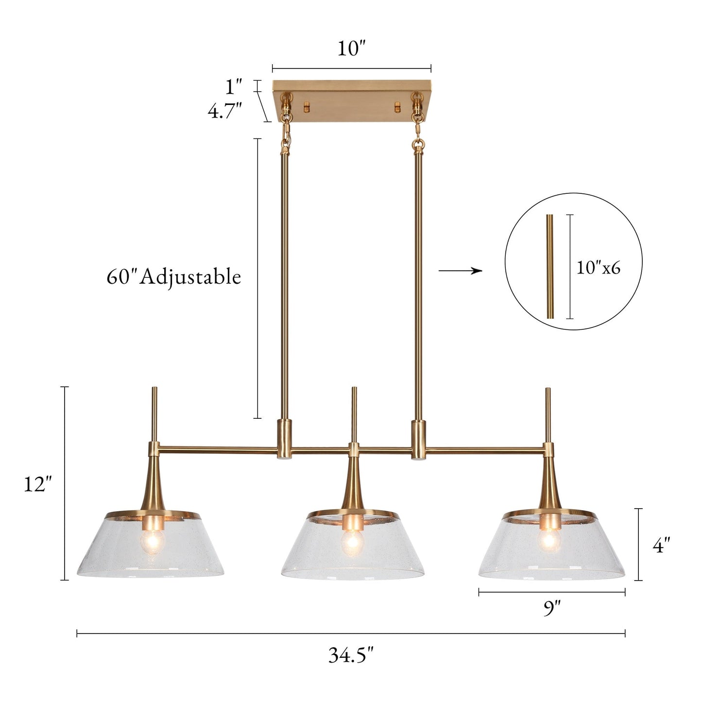 Lampadario lineare a isola Mola Modern Gold a 3 luci in vetro seminato per sala da pranzo