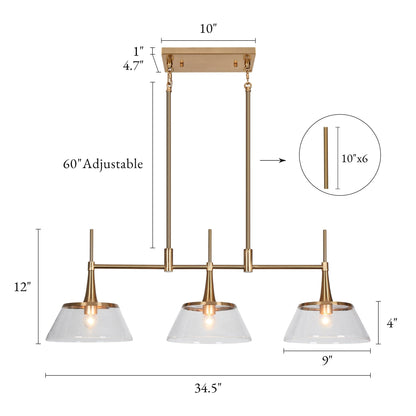 Lampadario lineare a isola Mola Modern Gold a 3 luci in vetro seminato per sala da pranzo