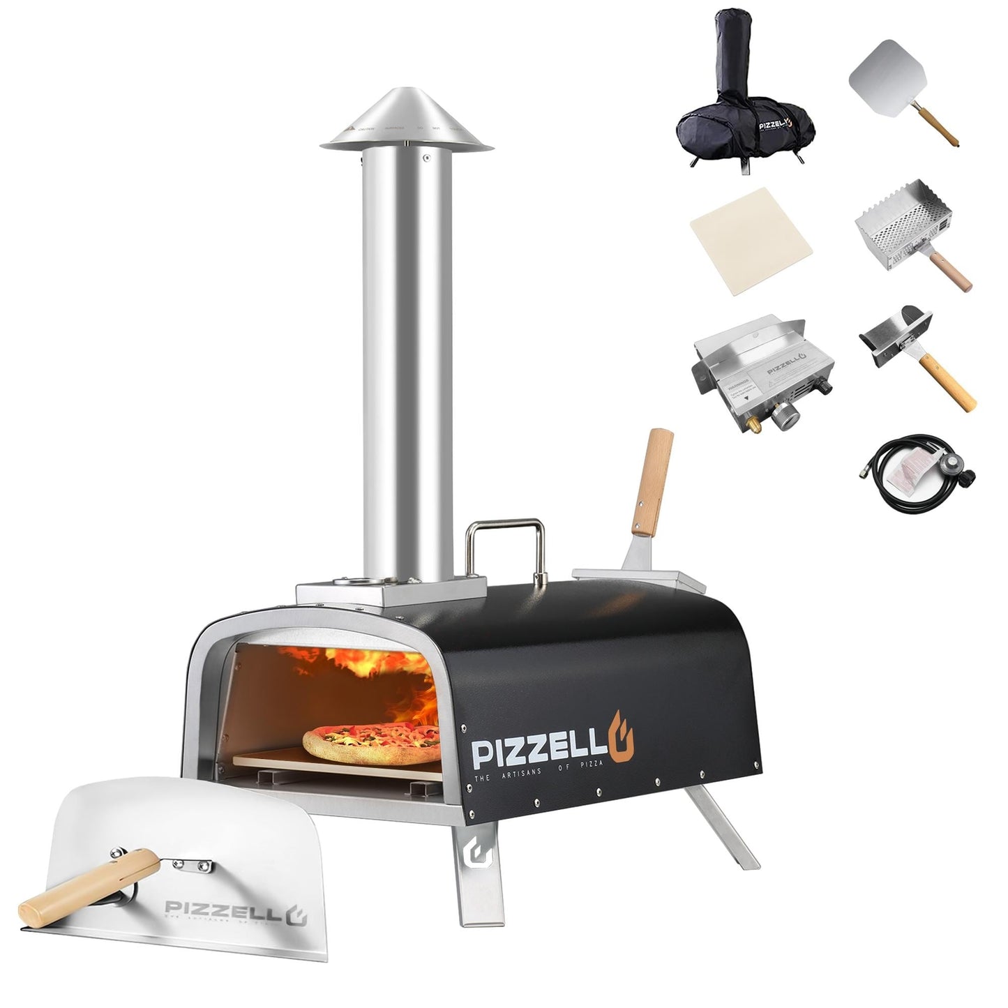 Forno per pizza multicombustibile da esterno, con bruciatore a gas e contenitore per legna, 12 pollici