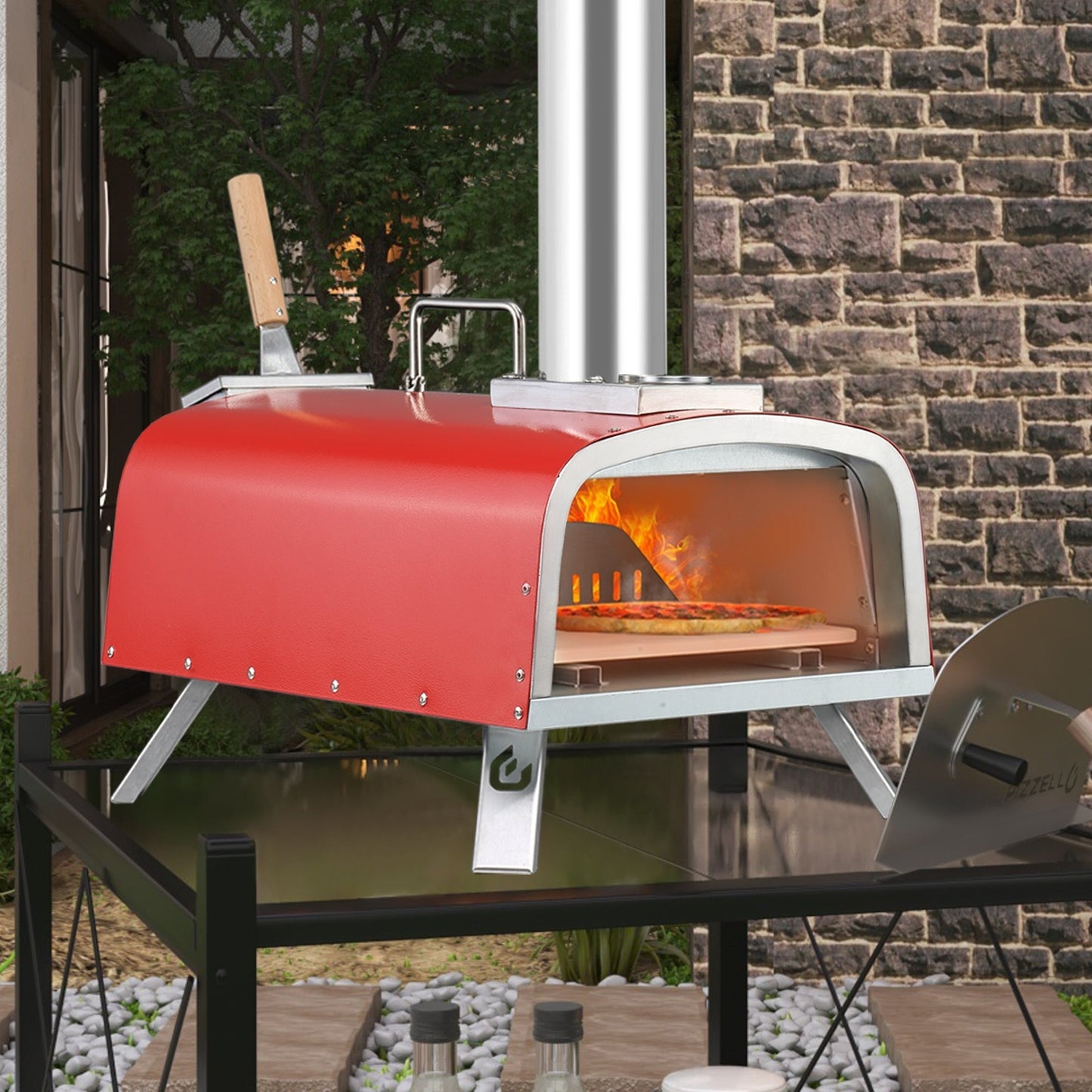 Forno per pizza multicombustibile da esterno, con bruciatore a gas e contenitore per legna, 12 pollici
