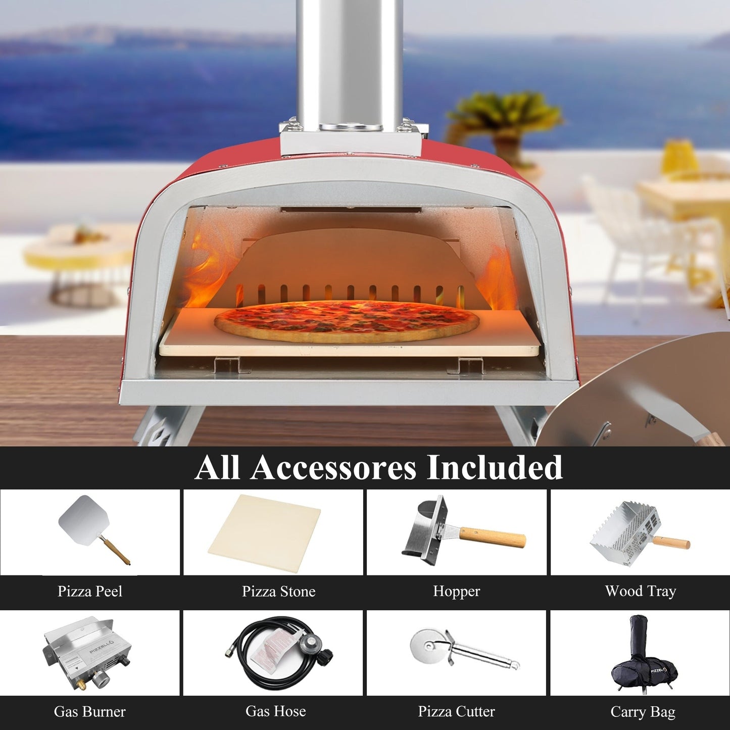Forno per pizza multicombustibile da esterno, con bruciatore a gas e contenitore per legna, 12 pollici