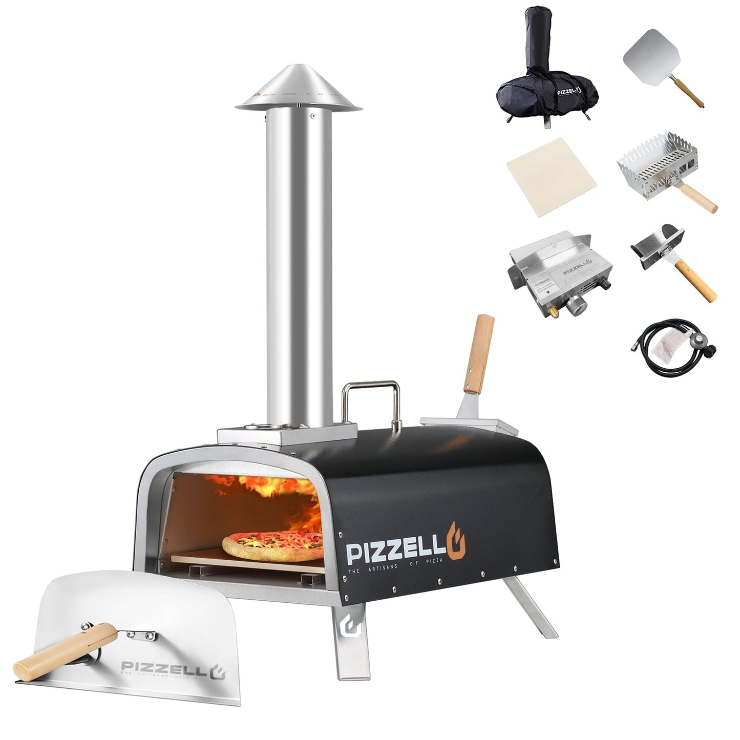 Forno per pizza multicombustibile da esterno, con bruciatore a gas e contenitore per legna, 12 pollici