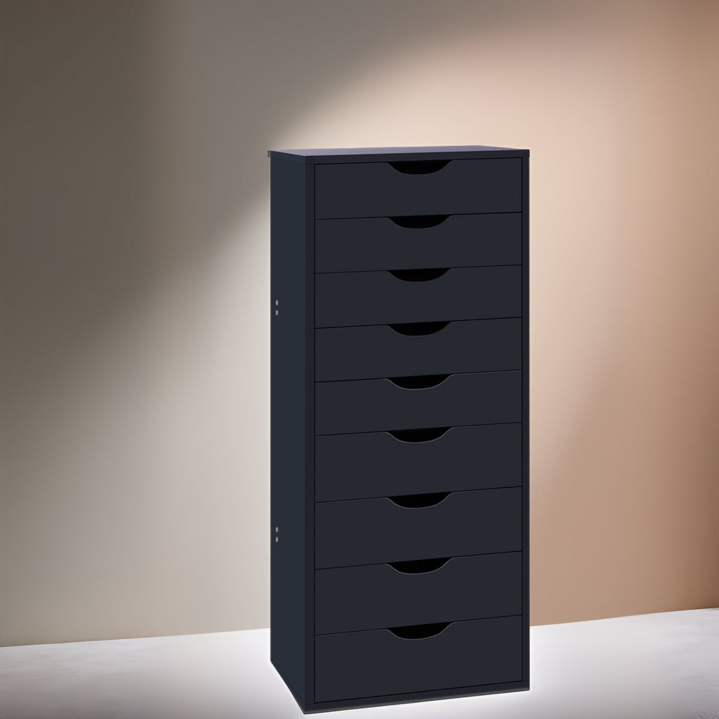 Mobiletto stretto in legno a 9 cassetti con cassetti scorrevoli e ripiano superiore portaoggetti