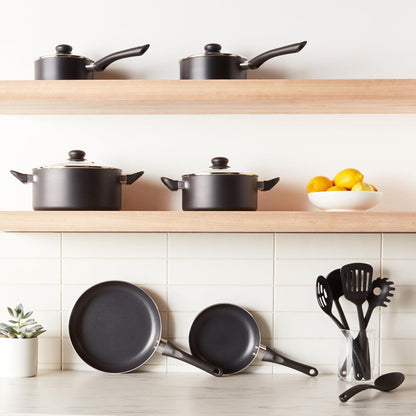 Set di pentole antiaderenti da 15 pezzi, pentole, padelle e utensili, nero