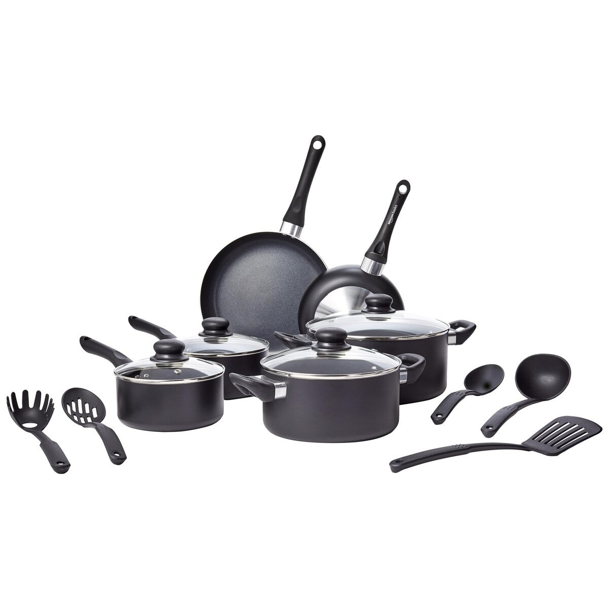 Set di pentole antiaderenti da 15 pezzi, pentole, padelle e utensili, nero