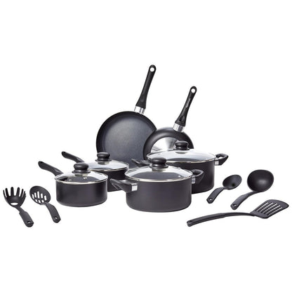 Set di pentole antiaderenti da 15 pezzi, pentole, padelle e utensili, nero