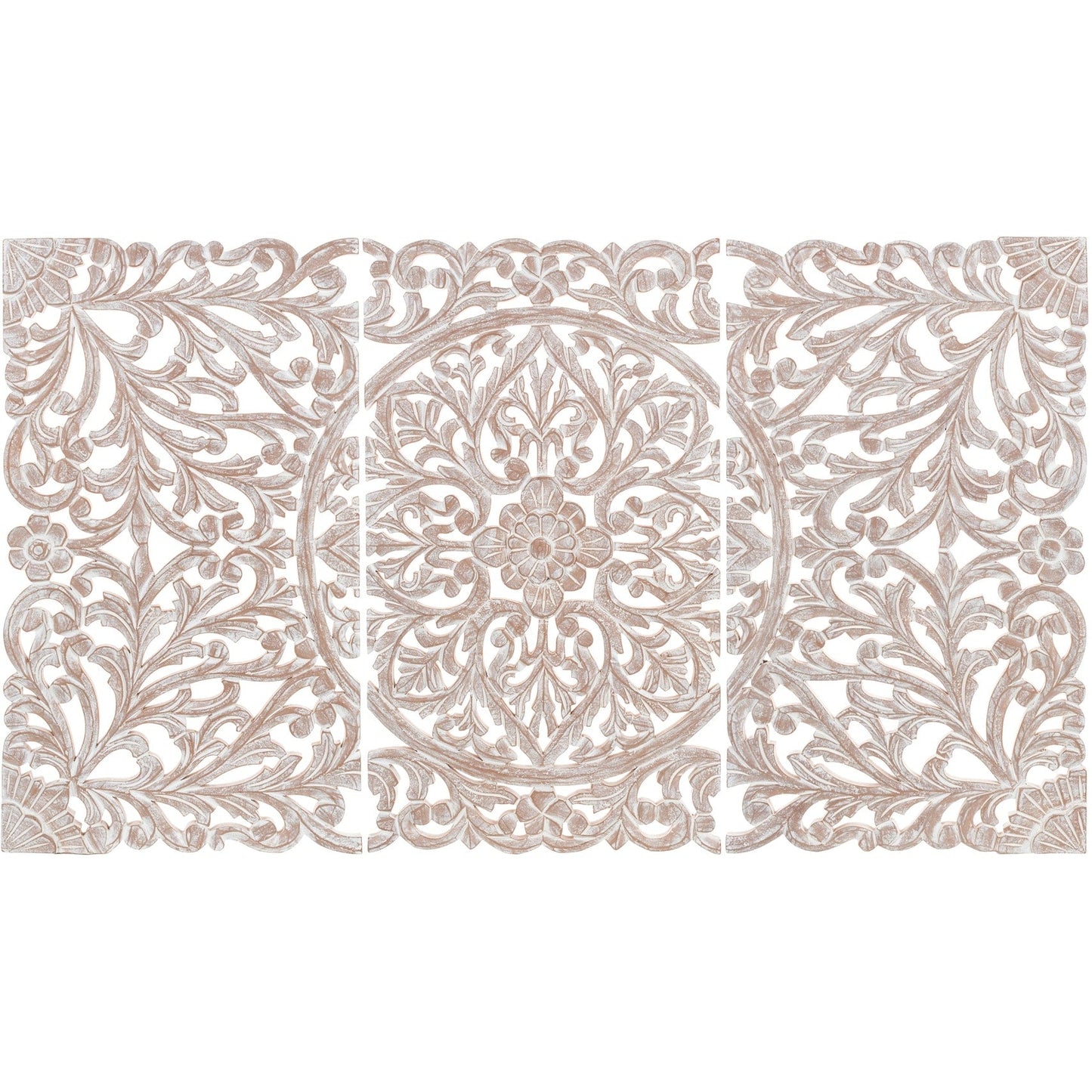 Norma Floral, arte murale in legno naturale intagliato a mano, 48x28 pollici, 3 pannelli