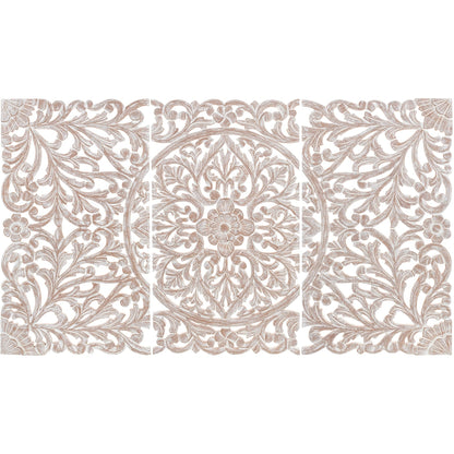 Norma Floral, arte murale in legno naturale intagliato a mano, 48x28 pollici, 3 pannelli