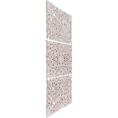 Norma Floral, arte murale in legno naturale intagliato a mano, 48x28 pollici, 3 pannelli