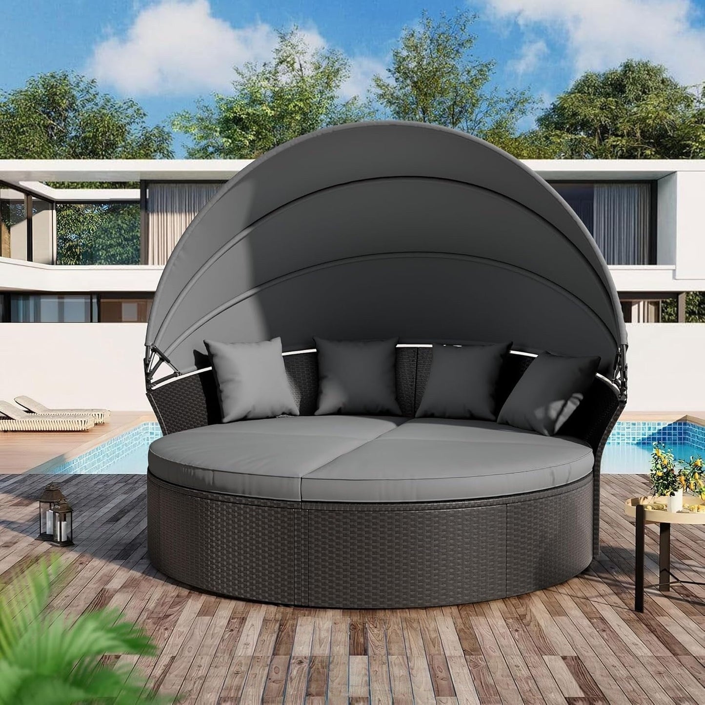 Set da conversazione per patio esterno Nuon da 4/5 pezzi, divano letto in vimini con baldacchino di Havenside Home