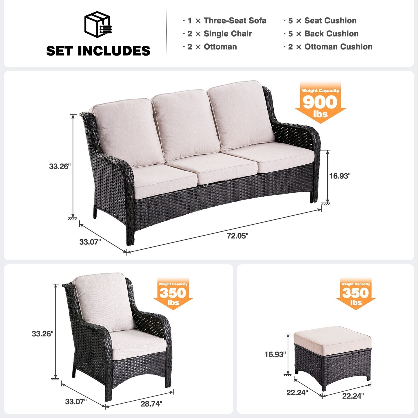 Set da conversazione OVIOS da 5 pezzi con schienale alto in vimini per patio