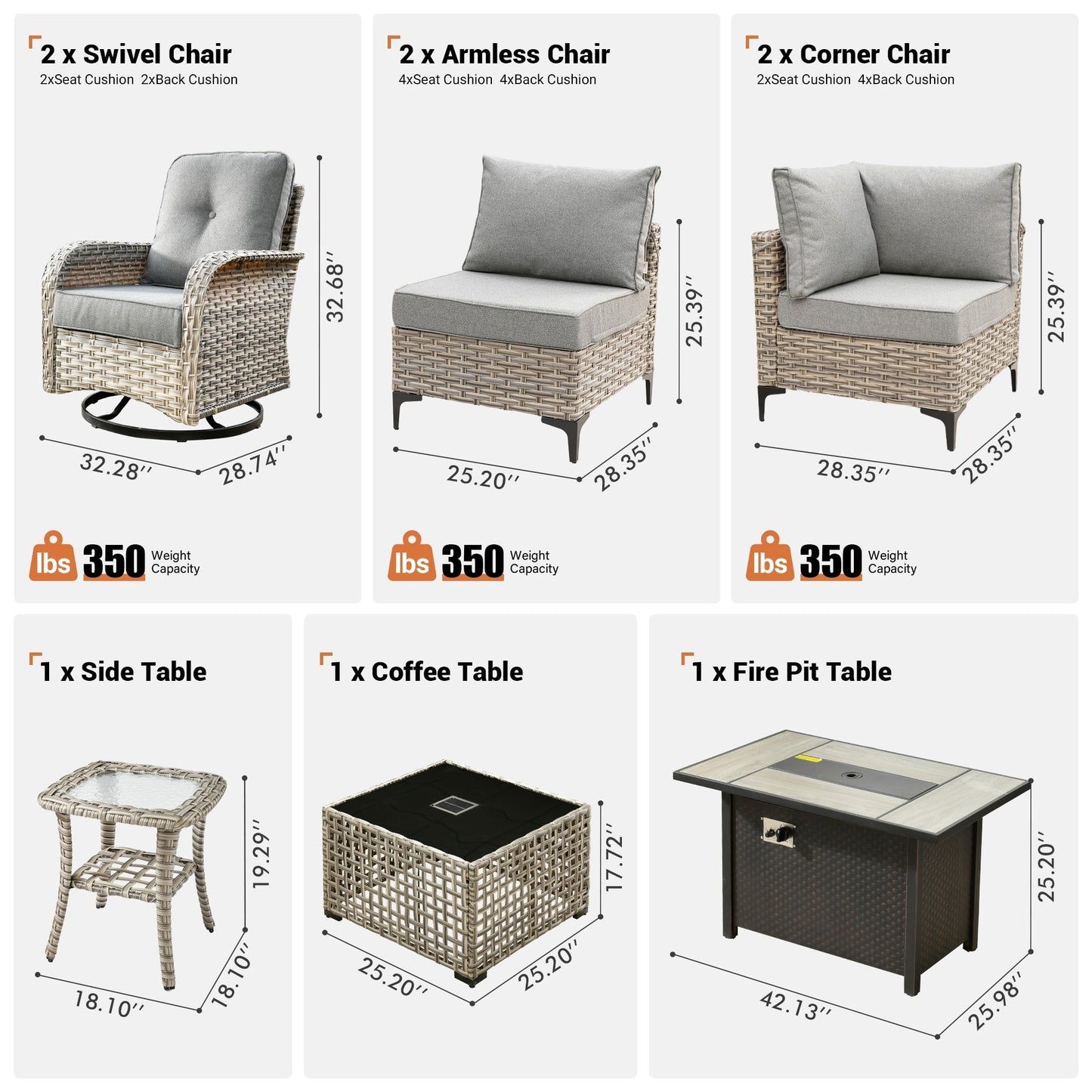 Set di 9 sedie girevoli in vimini per esterni OVIOS con tavolo da fuoco