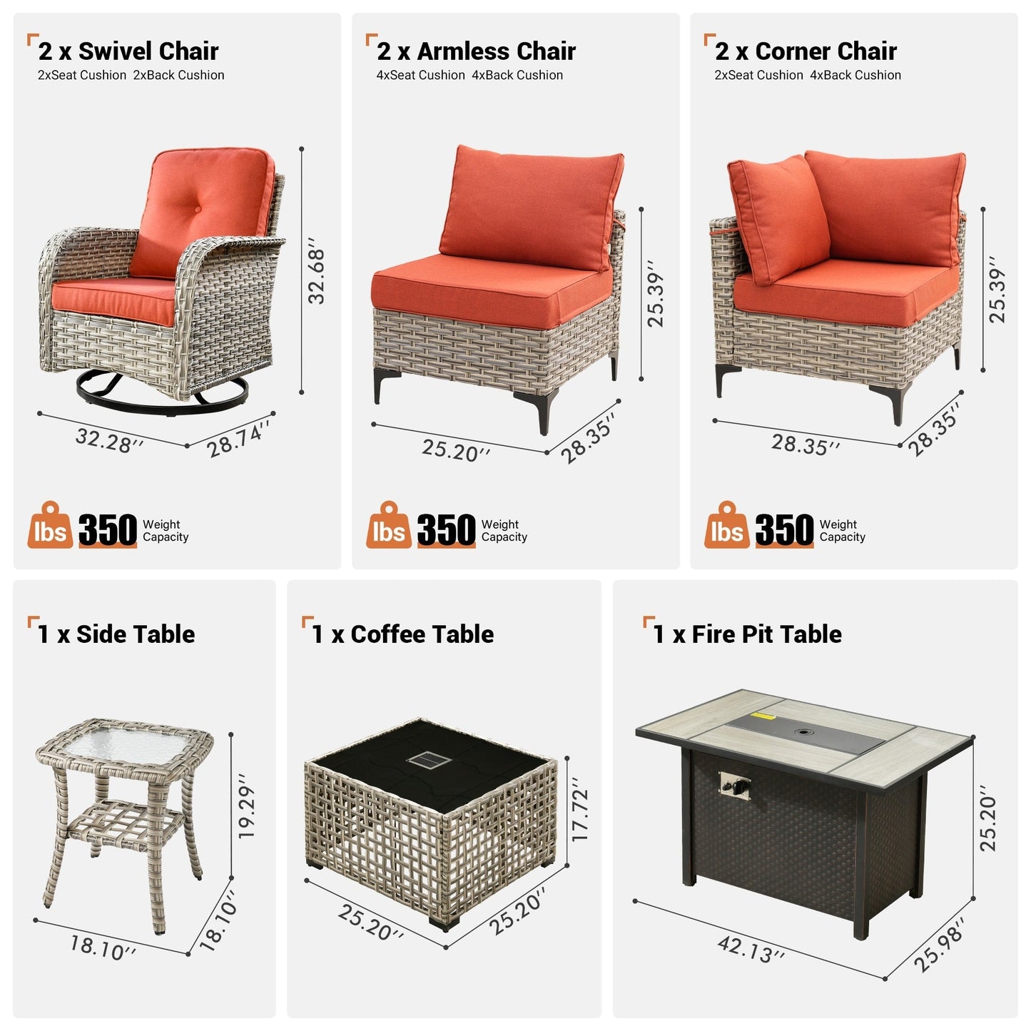 Set di 9 sedie girevoli in vimini per esterni OVIOS con tavolo da fuoco