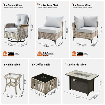 Set di 9 sedie girevoli in vimini per esterni OVIOS con tavolo da fuoco