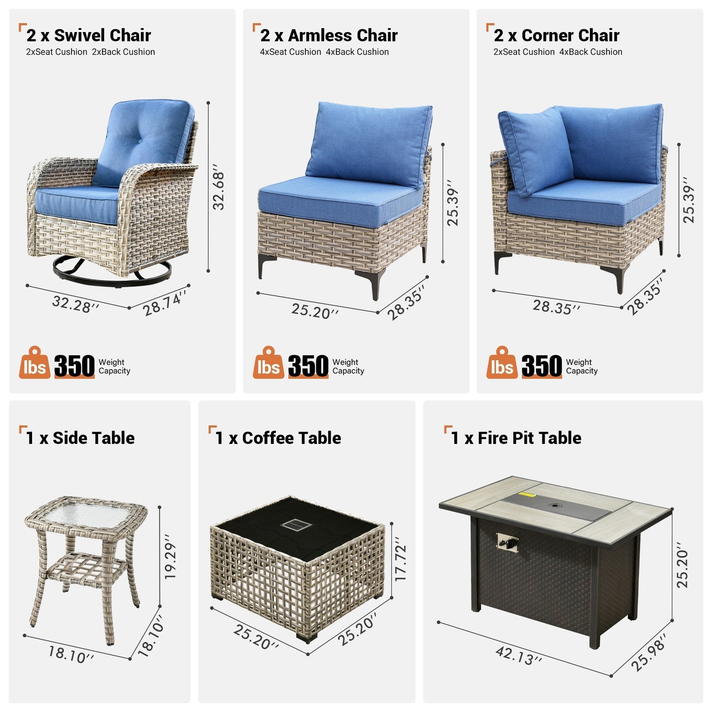 Set di 9 sedie girevoli in vimini per esterni OVIOS con tavolo da fuoco