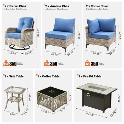 Set di 9 sedie girevoli in vimini per esterni OVIOS con tavolo da fuoco