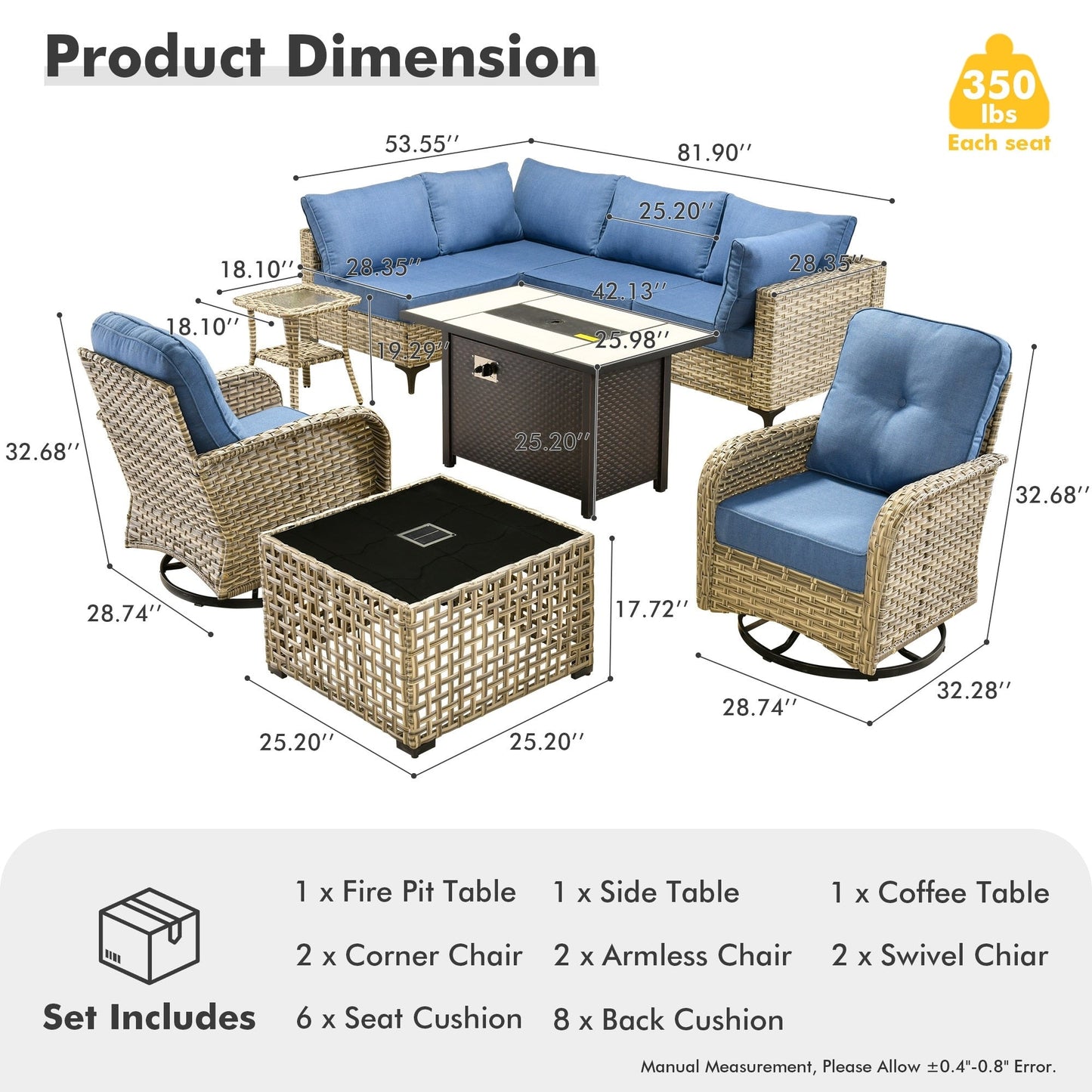 Set di 9 sedie girevoli in vimini per esterni OVIOS con tavolo da fuoco