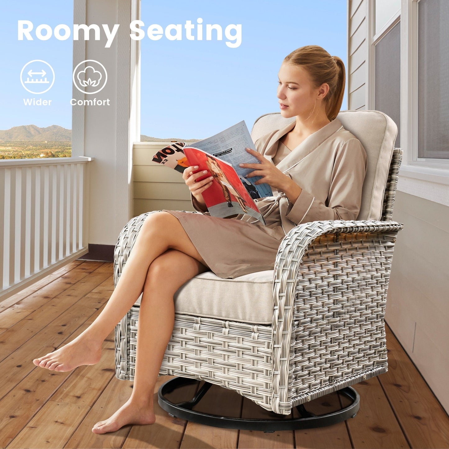 Set di 9 sedie girevoli in vimini per esterni OVIOS con tavolo da fuoco