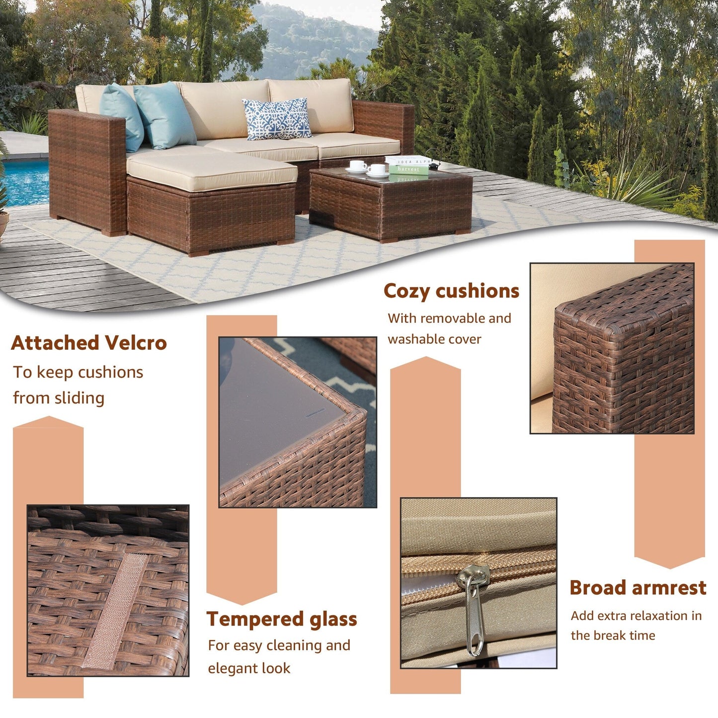 Set di divani componibili in vimini da esterno da 5 pezzi con cuscini