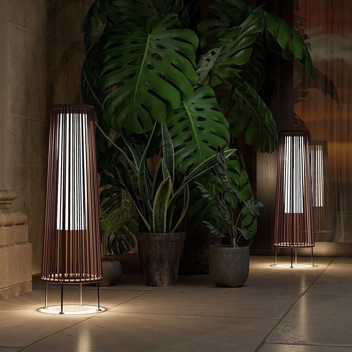 Lampada solare da pavimento per esterni, confezione da 2, lampada solare da patio in vimini per tutte le stagioni, lampada solare da esterno impermeabile per veranda, cortile, giardino