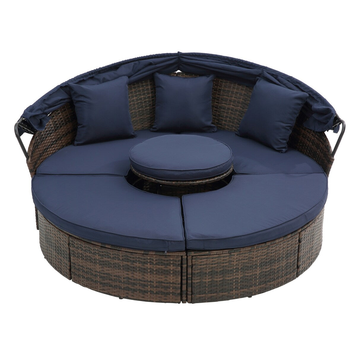 Divano letto rotondo da esterno in rattan con baldacchino e tavolino sollevabile, divano letto con seduta profonda blu navy, cuscini e cuscini lavabili