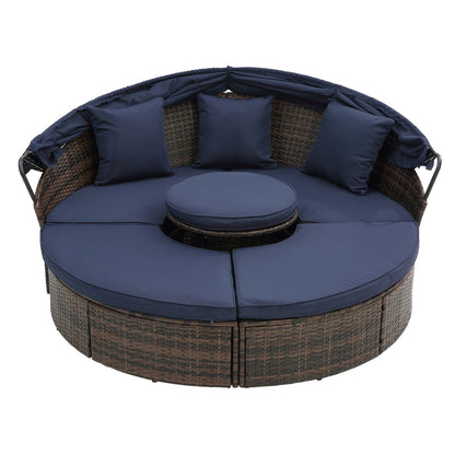 Divano letto rotondo da esterno in rattan con baldacchino e tavolino sollevabile, divano letto con seduta profonda blu navy, cuscini e cuscini lavabili