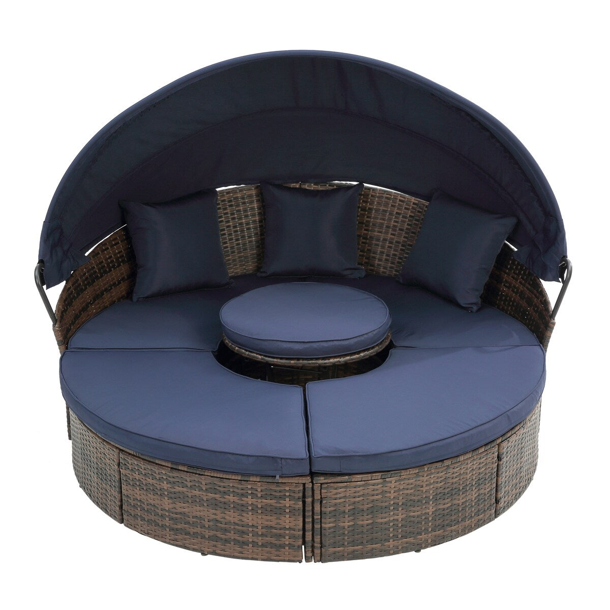 Divano letto rotondo da esterno in rattan con baldacchino e tavolino sollevabile, divano letto con seduta profonda blu navy, cuscini e cuscini lavabili
