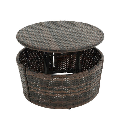 Divano letto rotondo da esterno in rattan con baldacchino e tavolino sollevabile, divano letto con seduta profonda blu navy, cuscini e cuscini lavabili